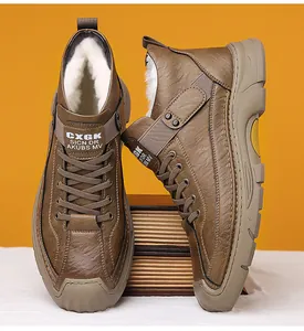 Detail view of brown leather boots featuring thick faux shearling lining and anti-slip soles