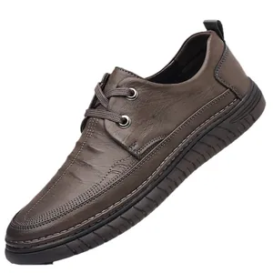 Breathable dark brown leather business casual shoes for men with non-slip rubber soles