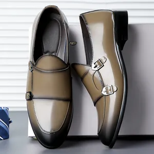 Doppel-Monkschuhe für Herren mit Khaki-Farbverlauf und glänzender Lederoptik für Business