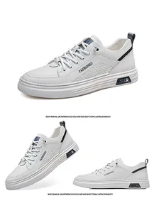 Λεπτομερής όψη λευκών ανδρικών sneakers με καπιτονέ δέρμα και λογότυπο μόδας