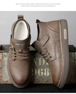 Detail of winter boots featuring warm plush lining and durable brown leather texture