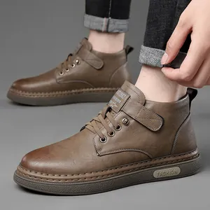 Brown leather winter boots for men with plush lining and durable non-slip rubber soles