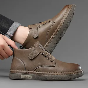 Brown leather winter work boots for men with thick soles and warm lining casual style