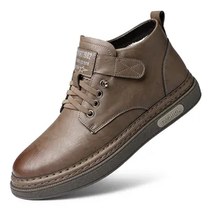 Brown vintage winter combat boots for men with thick soles and lace-up strap design