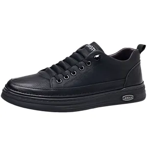 Men's black lychee pattern leather casual shoes with thick rubber sole and lace-up design