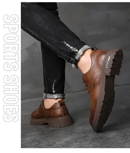 Detail of men's retro brown leather shoe with litchi texture and anti-slip thick rubber sole