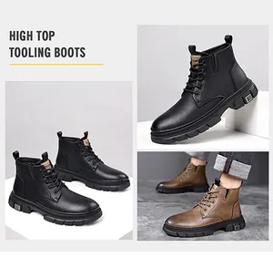 Close-up of leather high-top boots featuring non-slip soles and side ID badge detail