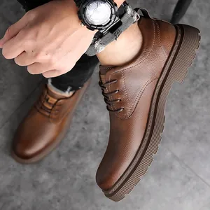 Men's retro brown leather loafers with thick anti-slip rubber soles for casual business