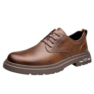 Brown British retro derby shoes with thick soles and premium textured leather finish