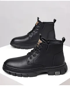 Detailed side view of black leather Martin boots with metal ID accent and thick non-slip soles