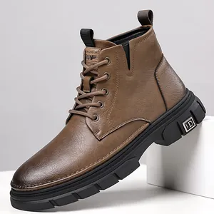 Men's British Style Martin Boots Winter Warm Plus Velvet Mid Top Work Boots Non-Slip Rubber Sole Split Leather Shoes