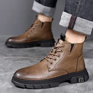 Brown leather Martin boots for men with non-slip rubber soles and warm lining