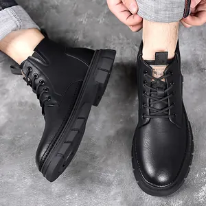 Men's black leather lace-up boots with warm lining and non-slip thick rubber soles