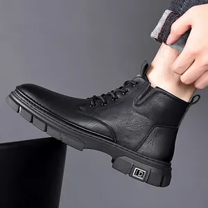 Mens black leather martin boots with non-slip thick rubber soles and fleece lining