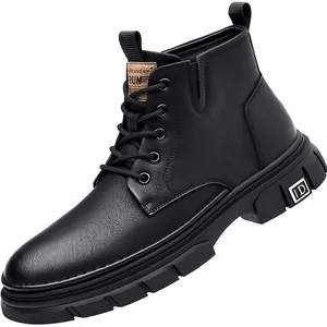 Classic black leather high-top men's boots with non-slip thick sole and lace-up closure