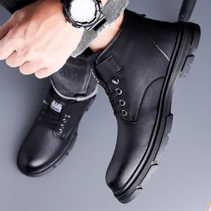 Men's black waterproof winter boots with warm lining and thick anti-slip rubber sole