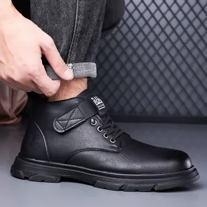 Waterproof black high-top winter boots for men with leather texture and non-slip rubber sole