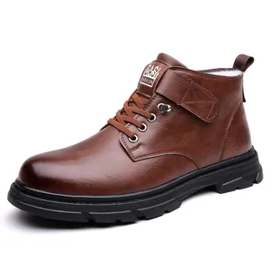 Brown high-top winter boots for men with leather texture, velcro strap and warm lining