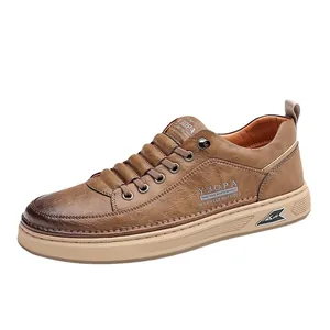 Retro brown casual men's skate shoes with faux leather texture and thick rubber soles