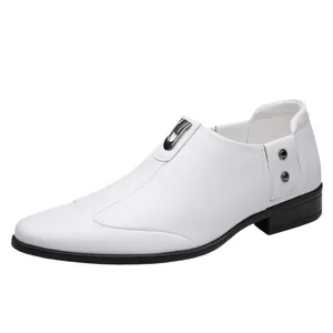 White minimalist leather men's slip-on shoes with silver metal buckle and black rubber sole