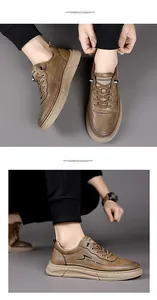 Detail of brown leather casual shoes for men with thick rubber sole and trend logo