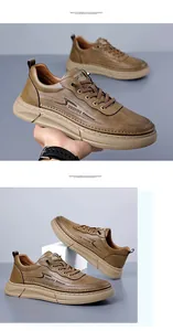 Macro shot of brown faux leather casual shoe showing TRENDS logo and stitching detail