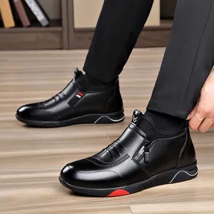 Winter men's black leather casual shoes with warm fleece lining and side zipper detail