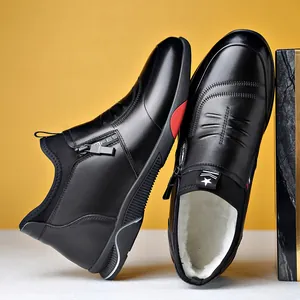 Winter men's black high-top snow boots with wool lining and stylish side zipper