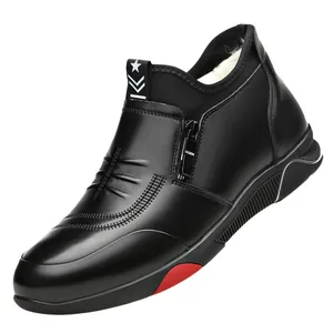 Men's winter black leather boots with thick wool lining and side zipper closure