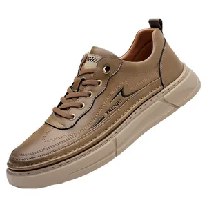 Retro khaki leather casual loafers for men with rubber soles and TRENDS side logo