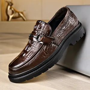 Men's Business Formal Leather Loafers Crocodile Embossed Pattern Slip-on Dress Shoes With Metal Bit Comfortable Rubber Sole