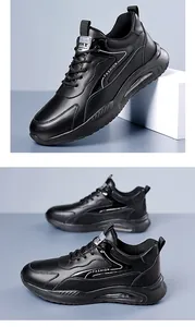 Λεπτομέρεια από μαύρα δερμάτινα casual sneakers με χοντρή σόλα και κείμενο στο πλάι