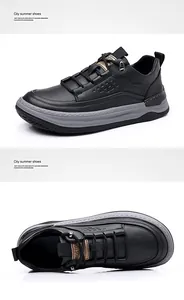 Detail of breathable black leather men sneakers with perforation and thick grey sole
