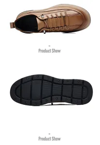 Top view of brown leather upper and detailed slip-resistant black rubber outsole of the shoe