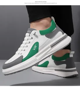Vue détaillée de baskets à plateforme pour hommes avec patchwork en cuir blanc gris et vert