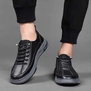 Men's waterproof black leather casual sneakers with thick grey cushioned soles