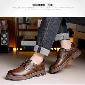 Close-up of brown leather casual men's shoes with thick soles and textured finish