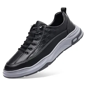 Men's retro waterproof leather platform sneakers with embossed texture in black and gray