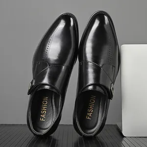 Ανδρικά μαύρα δερμάτινα παπούτσια monk strap με λεπτομέρειες brogue και γυαλιστερή όψη