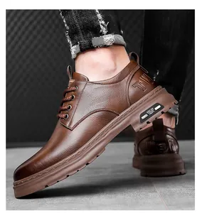Close-up of brown leather casual oxford shoes with thick rubber soles and textured finish
