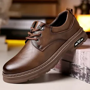 Men British Vintage Split Cowhide Leather Casual Shoes Thick Sole Anti-slip Round Toe Stitched Work Shoes For Daily Office