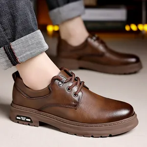 British retro men's brown leather shoes with thick non-slip soles and lace-up design