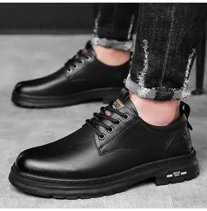 Detail of men's black lychee leather casual shoes with thick rubber outsoles