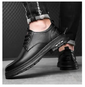 Macro detail of men's premium pebble grain leather shoes and thick platform sole