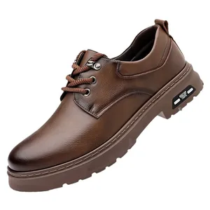 Men's retro brown leather casual shoes with thick anti-slip sole and lace-up design