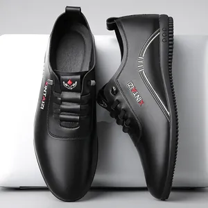 Men's black leather loafers with slip-on design and breathable non-slip soft soles