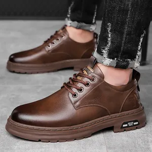 Brown men's casual leather business shoes with thick rubber soles and lace-up design