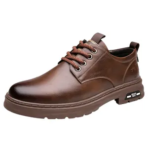 Vintage dark brown men's casual leather shoes with gradient toe and thick rubber sole