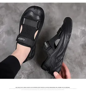 Detail showing breathable mesh upper and adjustable velcro straps on black sport sandals