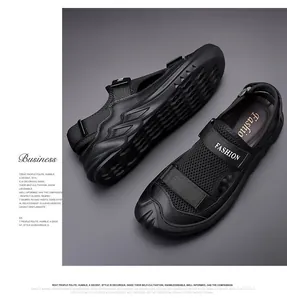 Detailed view of breathable black mesh outdoor sports sandals with closed toe design.